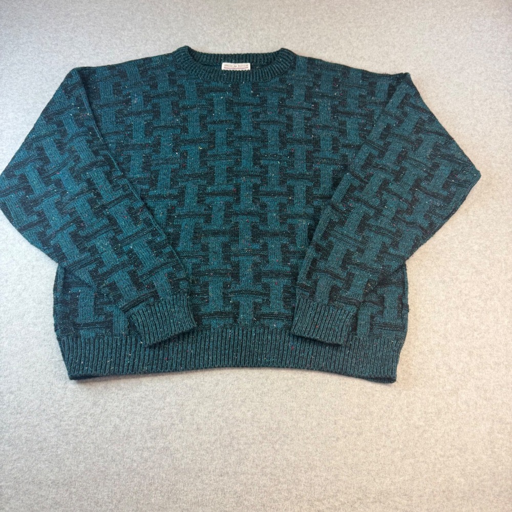 Vintage American Edition Mens Teal Black Geometric Knit Sweater Made in USA L